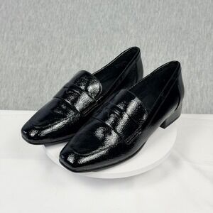 Aldo Black Patent Leather Penny Loafers Square Toe Gold Heel Detail Womens 6